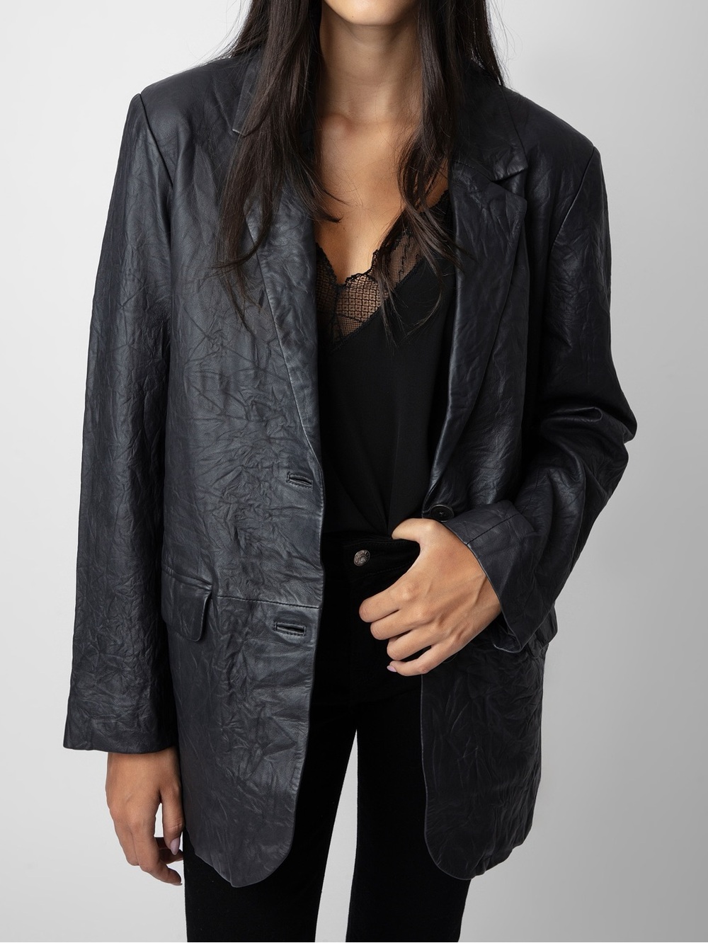 NEW Zadig&Voltaire Venturi Crinkle Leather Blazer Anthracite Gray Size 38/Medium